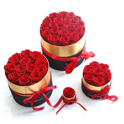 Echte ewige Rosenblumen in romantischer Valentinstags-Geschenkbox.